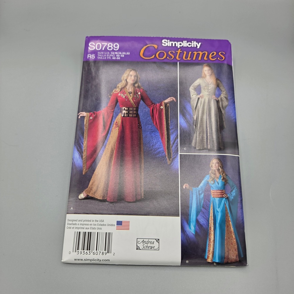 Simplicity S0789 Renaissance Medieval Costume Sewing Pattern Size 14-22 R5 1487